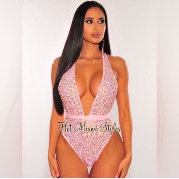 NWT Blush Iridescent Rhinestones Halter Multi Wear Swimsuit - Small - Small - Picture 1 of 12